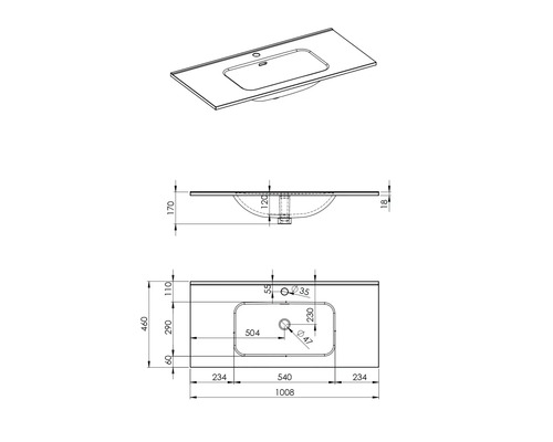 Technický nákres umývadlovej dosky s rozmermi