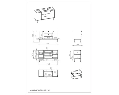 Technický nákres skrinky pod umývadlo s rozmermi