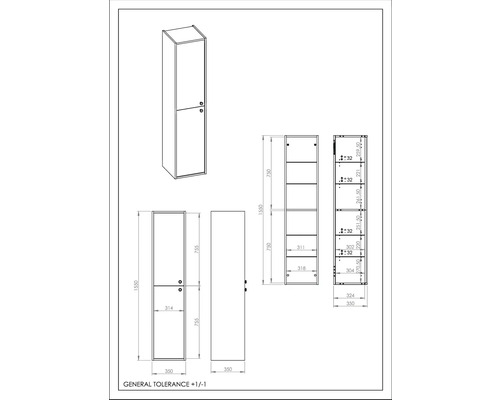 Technický nákres vysokej skrine s rozmermi