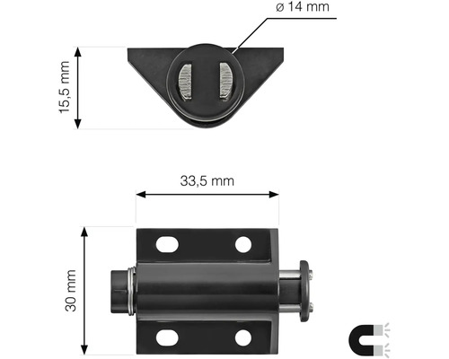 Technický nákres dverného zámku s magnetom a rozmermi
