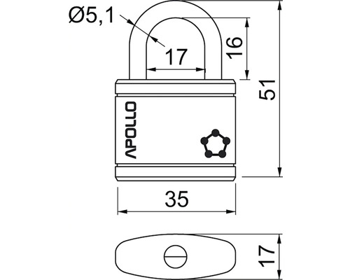 Technický nákres visiaceho zámku s rozmermi