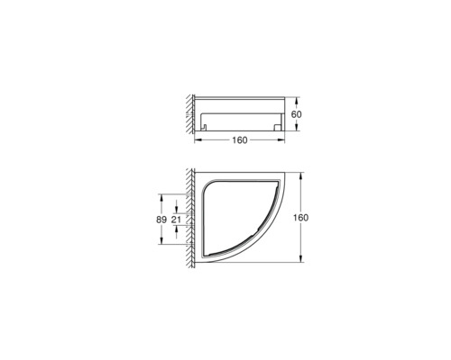 Technický nákres sprchovacieho kúta s rozmermi.