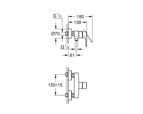 Technický výkres vodovodnej batérie s rozmermi pre inštaláciu