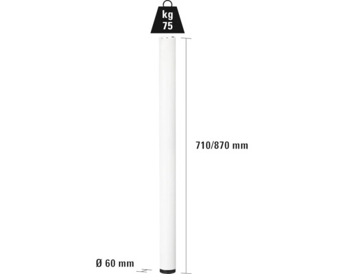 Biela noha stola s rozmermi 710/870 mm dĺžky a 60 mm priemeru, nosnosť 75 kg