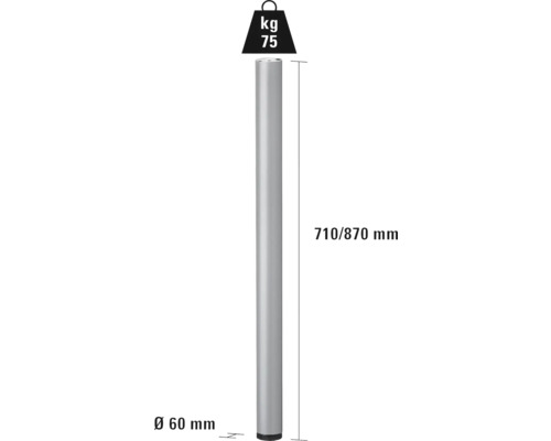 Nastaviteľná noha stola, výška 710 až 870 mm, priemer 60 mm, nosnosť 75 kg