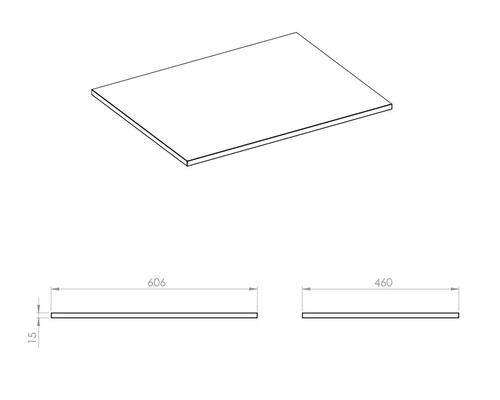 Technický výkres dosky s rozmermi 606 mm x 460 mm x 15 mm.