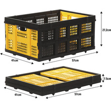 Čierna skladacia prepravka so žltými akcentmi v otvorenom a zatvorenom stave s rozmermi