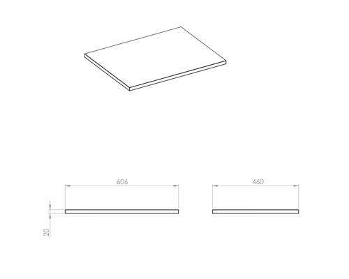 Technický výkres nábytkovej dosky s rozmermi 606 x 460 x 20 milimetrov.