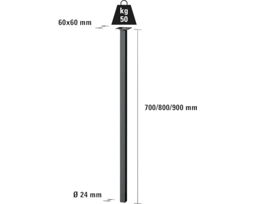Stĺpik s rozmermi 60 x 60 milimetrov, výškou 700/800/900 milimetrov a priemerom 24 milimetrov, maximálne zaťaženie 50 kilogramov