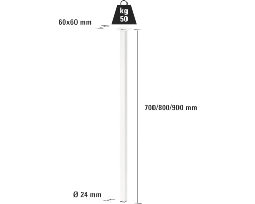 Technický výkres okrúhlej tyče s rozmermi 60x60 mm, dĺžkou 700/800/900 mm a priemerom 24 mm, nosnosť 50 kg