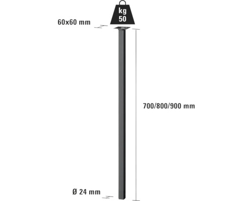 Nákres stĺpika plota s rozmermi 60 x 60 mm a dĺžkou 700, 800 alebo 900 mm