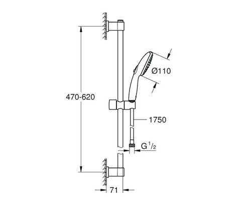 Technický nákres sprchovej tyče s ručnou sprchou a rozmermi