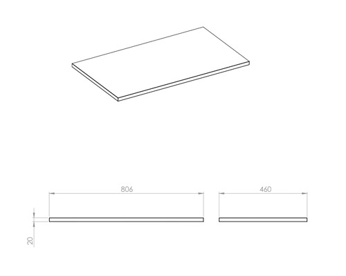 Technický nákres dosky s rozmermi 806 x 460 x 20 milimetrov.