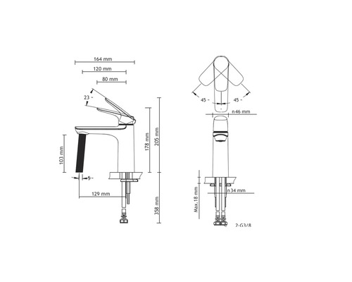 Technický nákres vodovodnej batérie s rozmermi