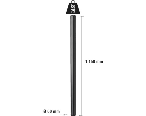 Rozmery stĺpika: priemer 60 milimetrov, dĺžka 1150 milimetrov, hmotnosť 75 kilogramov.