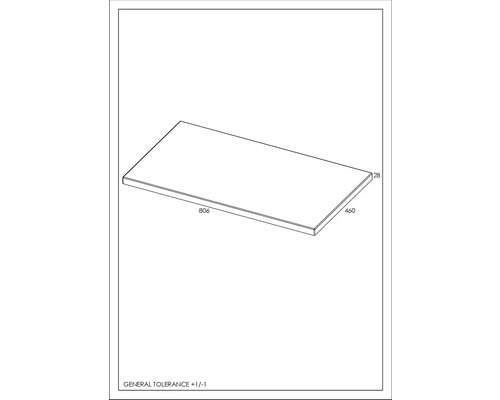 Technický nákres dosky s rozmermi 806 x 460 x 28 mm