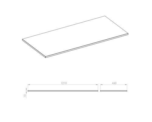 Technický nákres pracovnej dosky s rozmermi 1210 x 460 x 15 milimetrov.