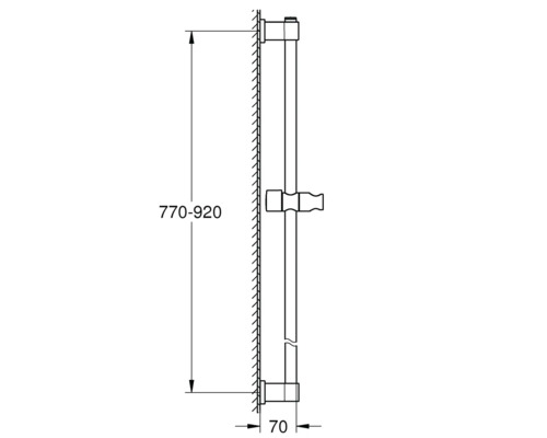 Technický nákres sprchovej tyče s rozmermi 770 až 920 milimetrov dĺžky a 70 milimetrov šírky.