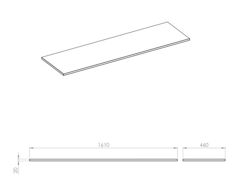 Technický nákres pracovnej dosky s rozmermi 1610 x 460 x 20 milimetrov.