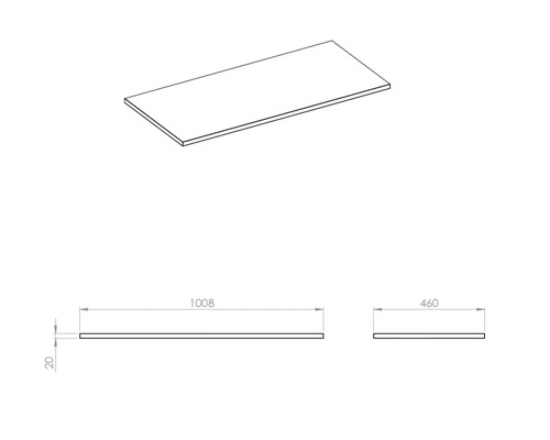 Technický nákres pracovnej dosky s rozmermi 1008 x 460 x 20 mm