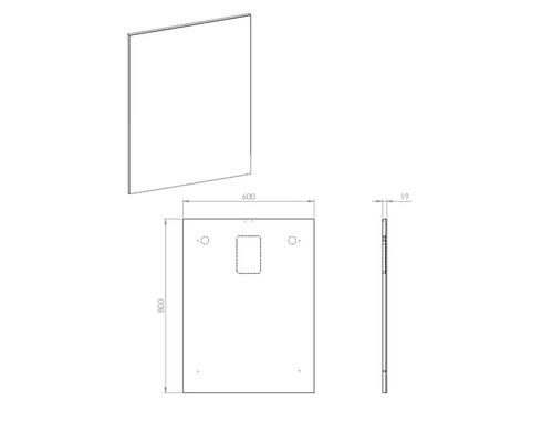 Technický nákres obkladu vane s rozmermi 600 x 800 x 19 mm.
