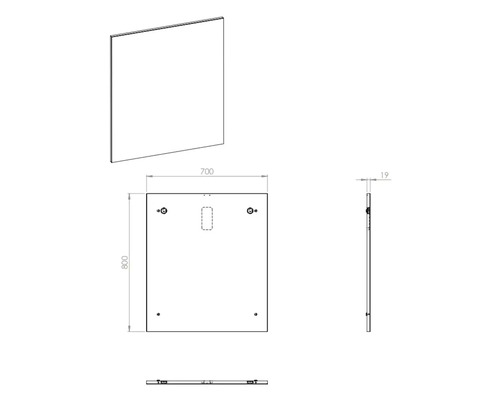 Technický nákres zrkadla s rozmermi 800 krát 700 milimetrov a hrúbkou 19 milimetrov.