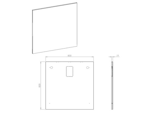 Technický nákres sprchovej zásteny, 800x800x19 milimetrov
