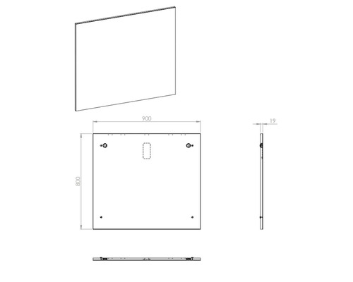 Technický nákres zrkadla s rozmermi 900 x 800 x 19 milimetrov