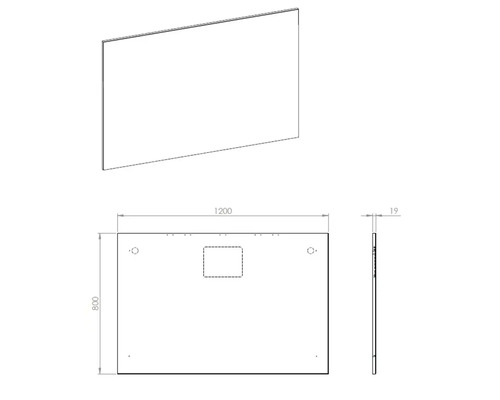 Technický nákres zrkadla s rozmermi 1200 x 800 x 19 milimetrov.