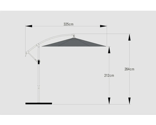 Technický nákres slnečníka s rozmermi 325 cm šírky a 264 cm výšky.