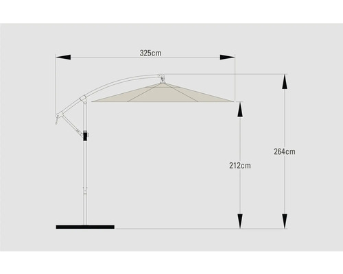Rozmery slnečníka: šírka 325 centimetrov, výška 264 centimetrov a výška stojana 212 centimetrov