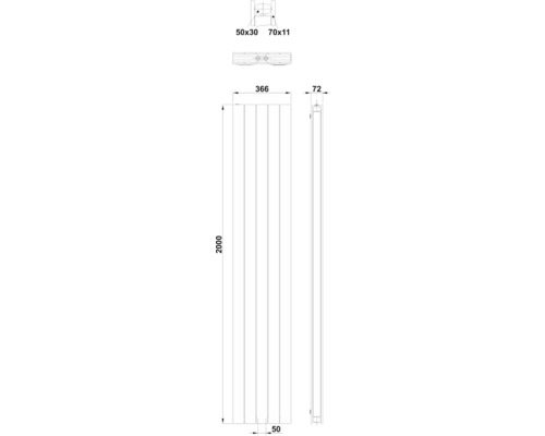 Rozmerový nákres radiátora s údajmi: výška 2000 mm, šírka 366 mm, hĺbka 72 mm.