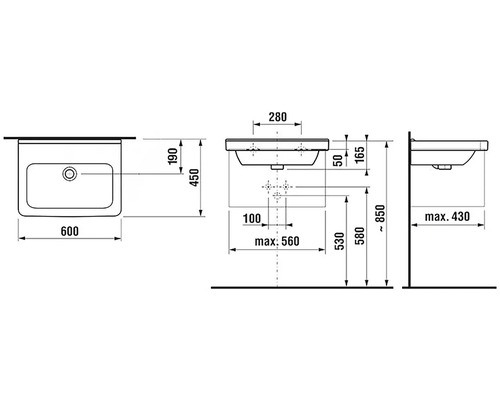 Technický nákres umývadla s rozmermi