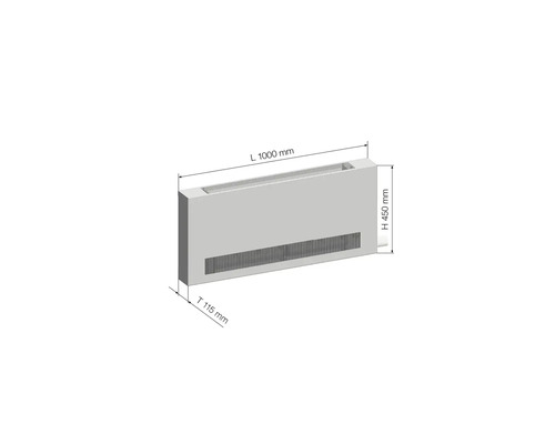 Konvektor kúrenia s rozmermi dĺžka 1000 mm, výška 450 mm a hĺbka 115 mm.