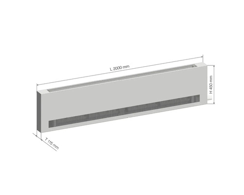Konvektor kúrenia s rozmermi 2000 mm dĺžka, 450 mm výška a 115 mm hĺbka.
