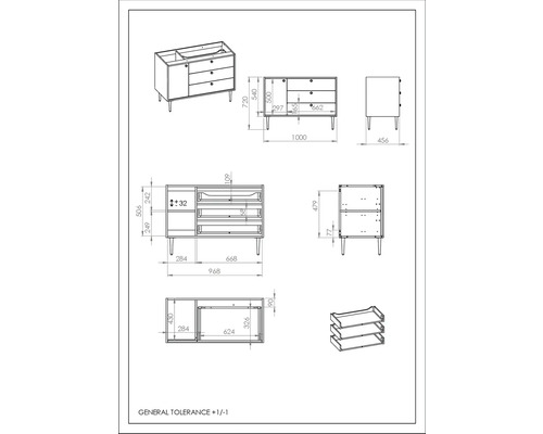 Technický nákres skrinky pod umývadlo s rozmermi