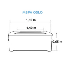 Rozmery vírivky MSpa Oslo: dĺžka 1,60 metra, šírka 1,40 metra, výška 0,65 metra