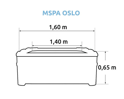 Rozmery vírivky MSpa Oslo: dĺžka 1,60 metra, šírka 1,40 metra, výška 0,65 metra