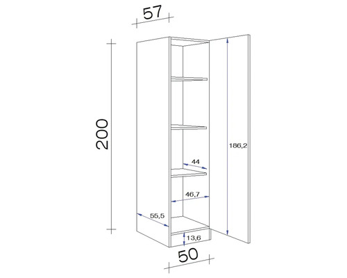 Technický nákres vysokej skrine s rozmermi