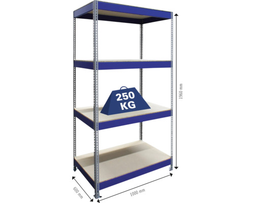 Regál so štyrmi úrovňami, rozmery 1960 krát 1000 krát 600 milimetrov a údaj o hmotnosti 250 kilogramov