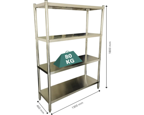 Nerezový regál so štyrmi úrovňami s rozmermi 1800 mm výška, 1300 mm šírka a 450 mm hĺbka