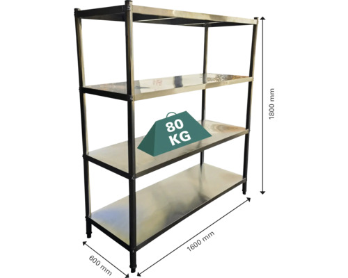 Regál z nehrdzavejúcej ocele so štyrmi úrovňami a rozmermi