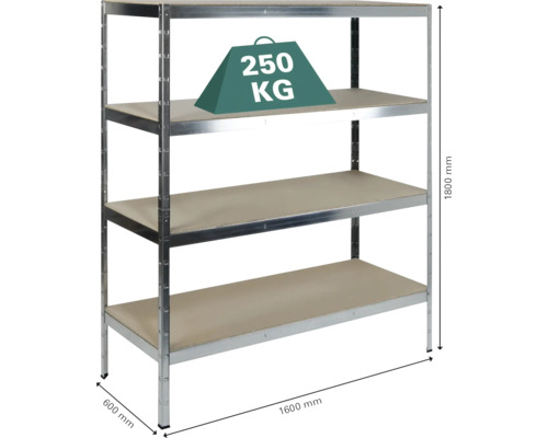 Kovová polica so štyrmi policami a nosnosťou 250 kilogramov