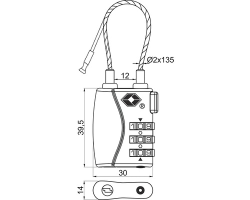 Obrázok zámku na batožinu s rozmermi 39,5 x 30 milimetrov