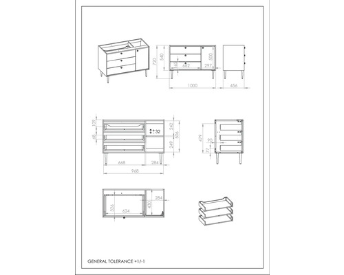 Technický nákres kúpeľňového nábytku so zásuvkami a úložným priestorom