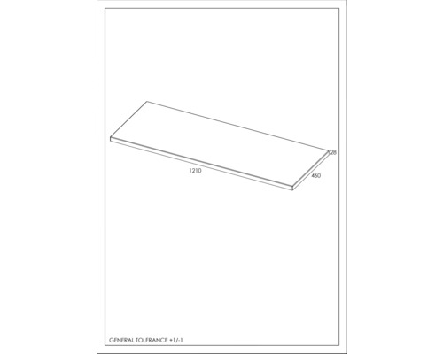 Technický nákres pracovnej dosky s rozmermi 1210 x 460 x 28 milimetrov
