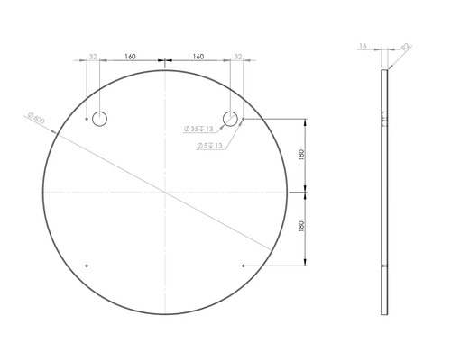 Technický výkres okrúhlej dosky s rozmermi