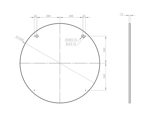 Technický výkres kruhovej dosky s rozmermi