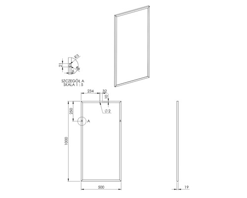 Technický nákres obdĺžnikového zrkadla s rozmermi