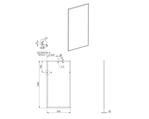 Technický nákres obdĺžnikového zrkadla s rozmermi